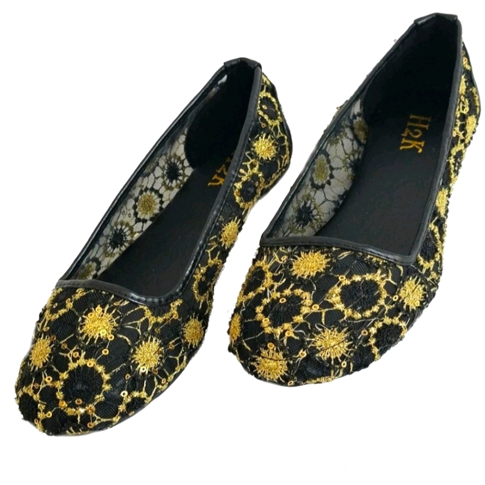 Embroidered Flower Ballet Flats - Black & Gold